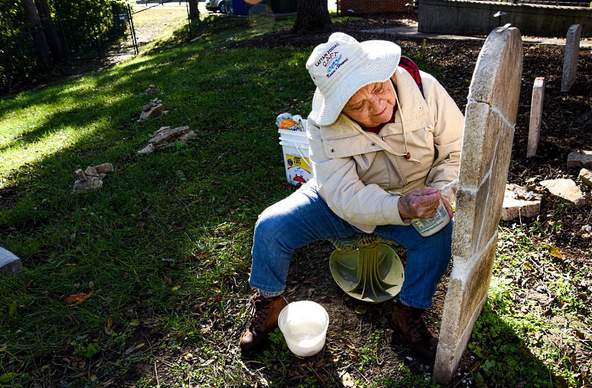 Shari Thomas, Faye Zumwalt, Darrel Stope & Darrel Schubert Nancy Thompson Repairing Broken Tombstone